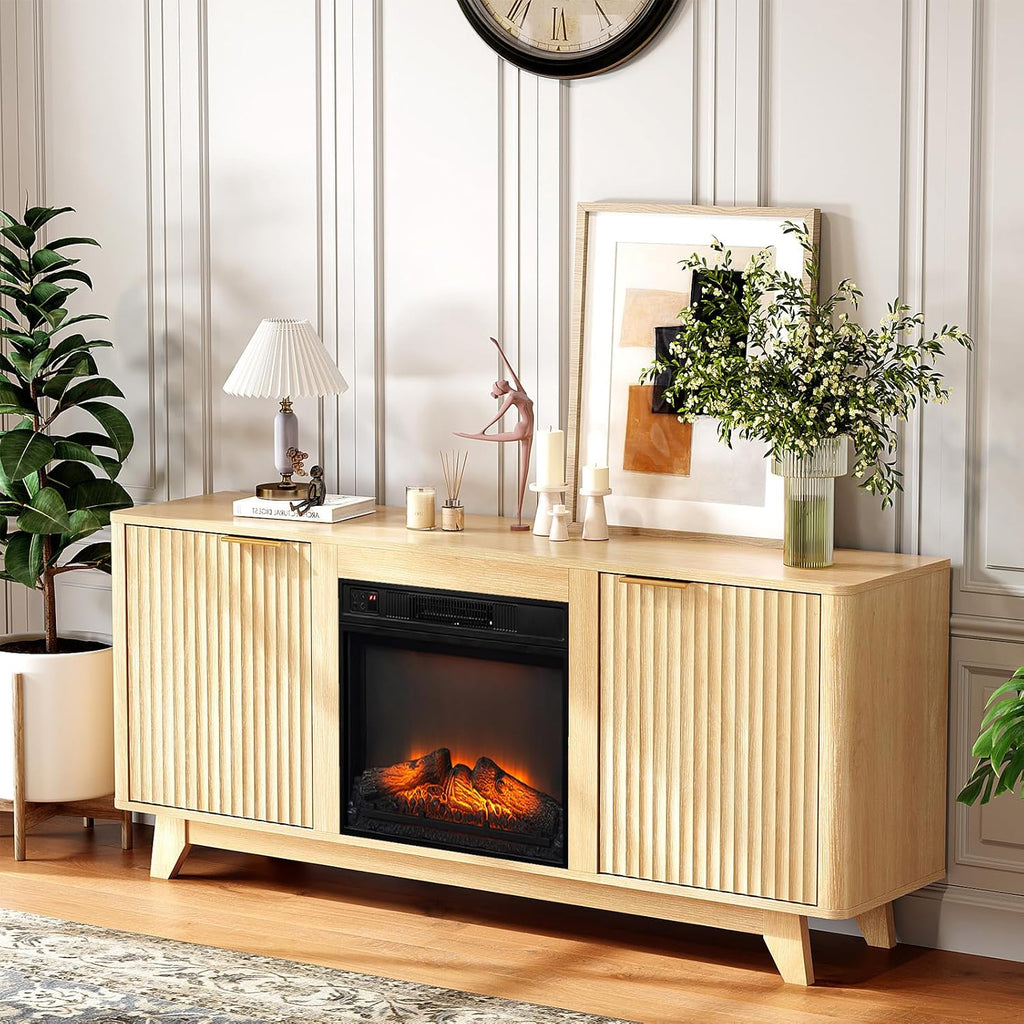 VINGLI Fireplace TV Stand for up to 70 inch TVs, Fluted Entertainment Center with Electric Fireplace Heater & Adjustable Shelves, Fireplace Media Console Table for Living Room, Oak