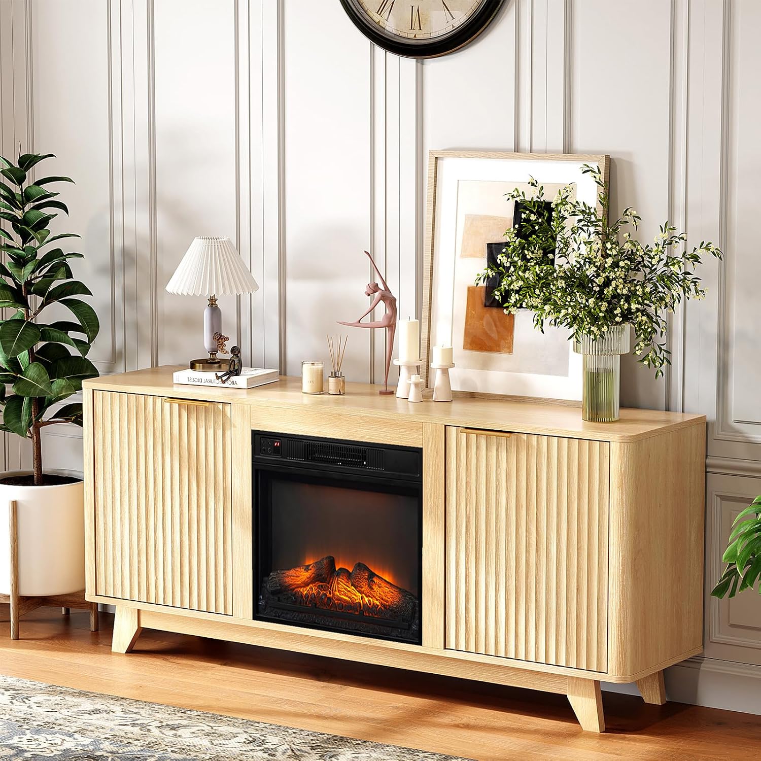 VINGLI Fireplace TV Stand for up to 70 inch TVs, Fluted Entertainment Center with Electric Fireplace Heater & Adjustable Shelves, Fireplace Media Console Table for Living Room, Oak
