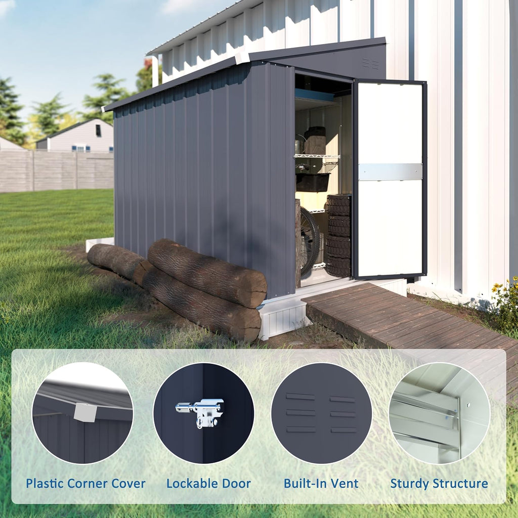 Yardenaler 4x8 FT Outdoor Lean-to Metal Storage Shed, Garden Tool Shed Kit with Door & Lock, Waterproof Patio Utility Tool Shed for Garden and Backyard, Gray