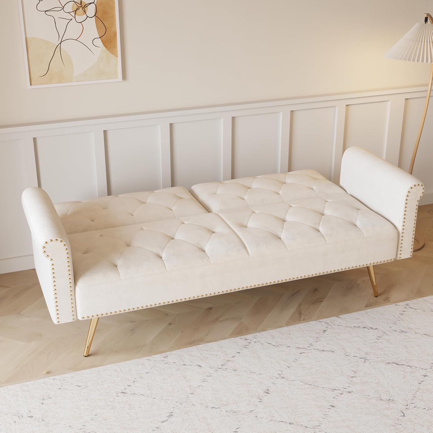 ERYE Tufted Futon Sofa Bed Modern Velvet Upholstered Loveseat Sleeper Futon Sofabed with Split Adjustable Backrest, Nailhead Decor and Elegant Golden Legs for Home Apartment RV Office Studio Bedroom