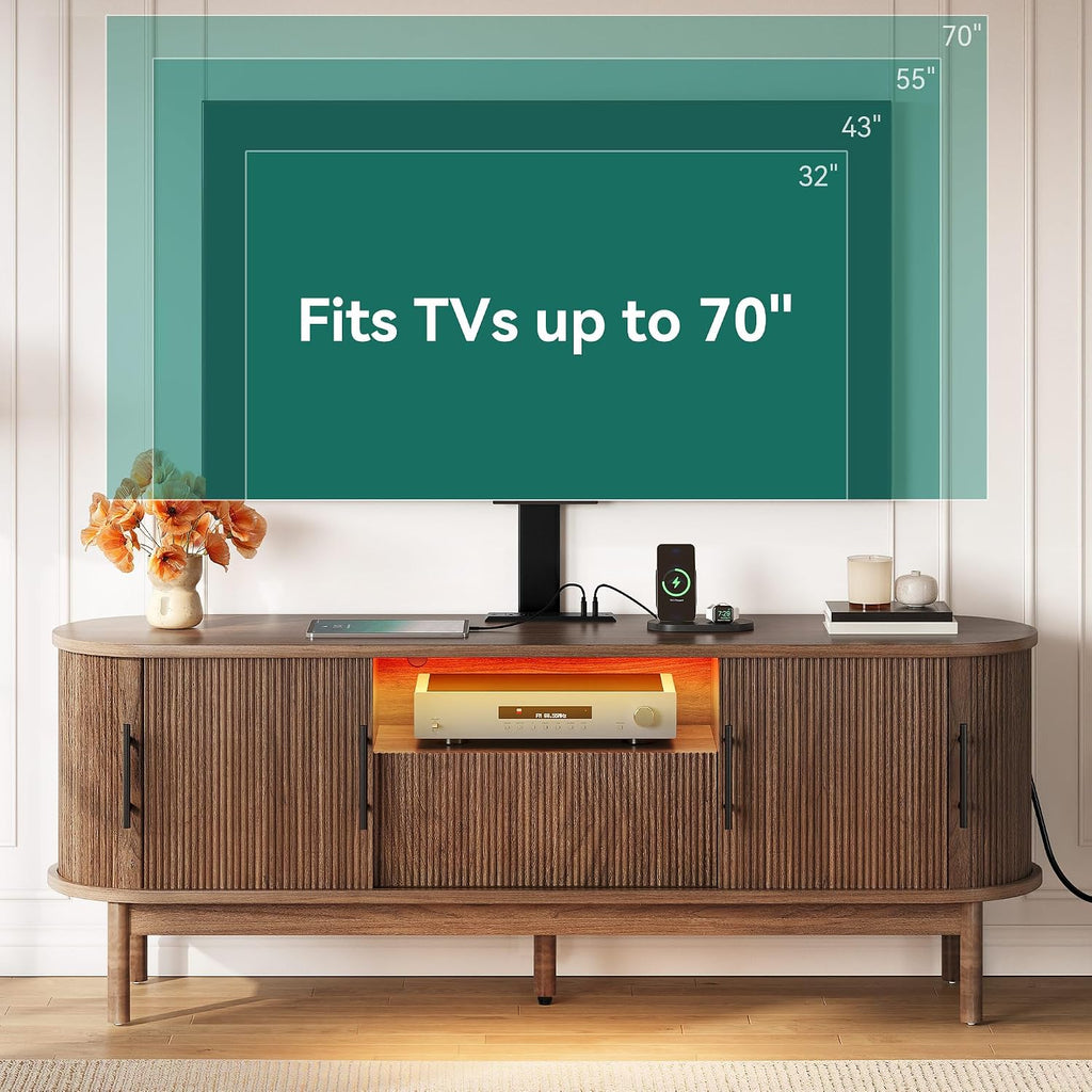 YITAHOME TV Stand with Mount and Power Outlet, Modern Entertainment Center with 3 Height Adjustment TV Mount for 32-70 inch TVs, LED Fluted TV Media Console with Sliding Doors, Curved Profile Design