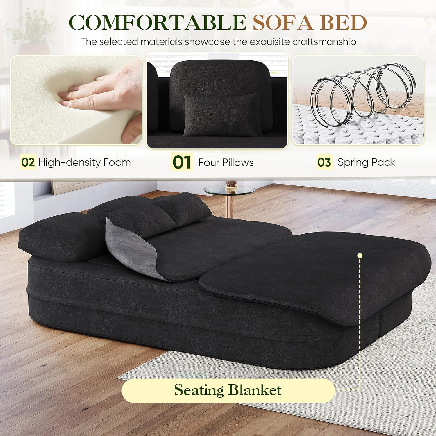Antetek Convertible Sleeper Sofa, Modern Folding Futon Chenille Floor Foam Compression Loveseat Sofa Bed Couch, Foldable Full Size Guest Bed with 4 Pillows for Living Room Bedroom Apartment, Black