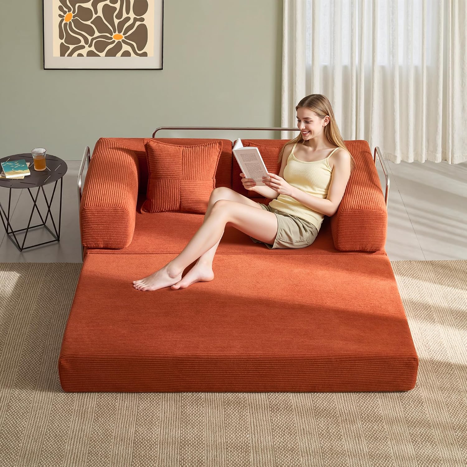 YINIX Sofa Bed, 62'' Folding Floor Couch, Compressed Convertable Sleeper Sofa, Memory Foam Couch with Pillow Back Support Armrest, 4-in-1 Futon Sofa Bed for Living Room, Tangerine