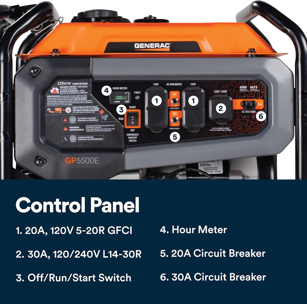 Generac 6,875 Starting Watt Portable Gas Generator - Electric Start - Home Backup or RV Ready - Heavy Duty Frame - Quiet, Long Runtime, Emergency Power - 50-State Compliant