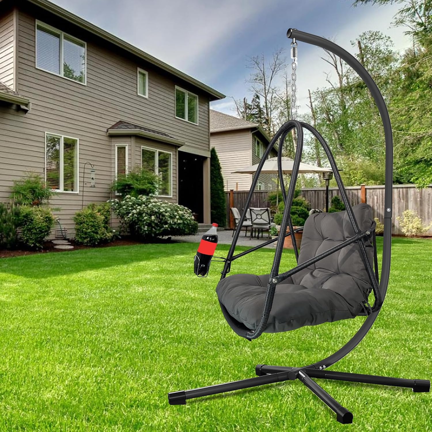 JESE Swing Egg Chair with Stand Foldable Frame Hanging Chairs for Indoor Outside,with UV Resistant Waterproof Cushion and Cup Holder,Swing Hammock Chairs for Patio,Bedroom,Balcony, Garden-350lbs BLACK