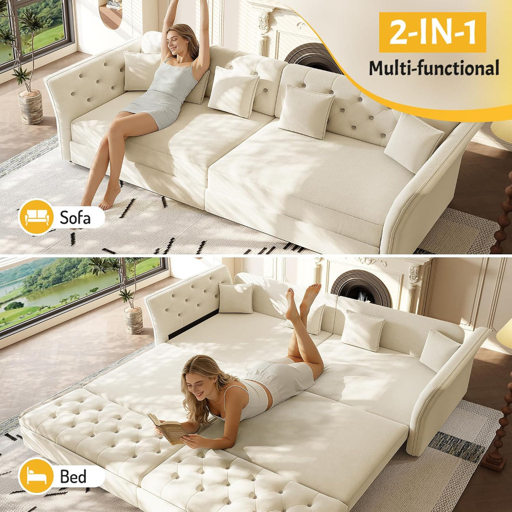 100'' Sleeper Sofa Bed California King Size, Flower Tufted Pull Out Couch, Chesterfield Velvet Futon Couches, Comfy Convertible Modern 4 seat Sofa, 4 Pillows for Living Room, Apartment, Beige