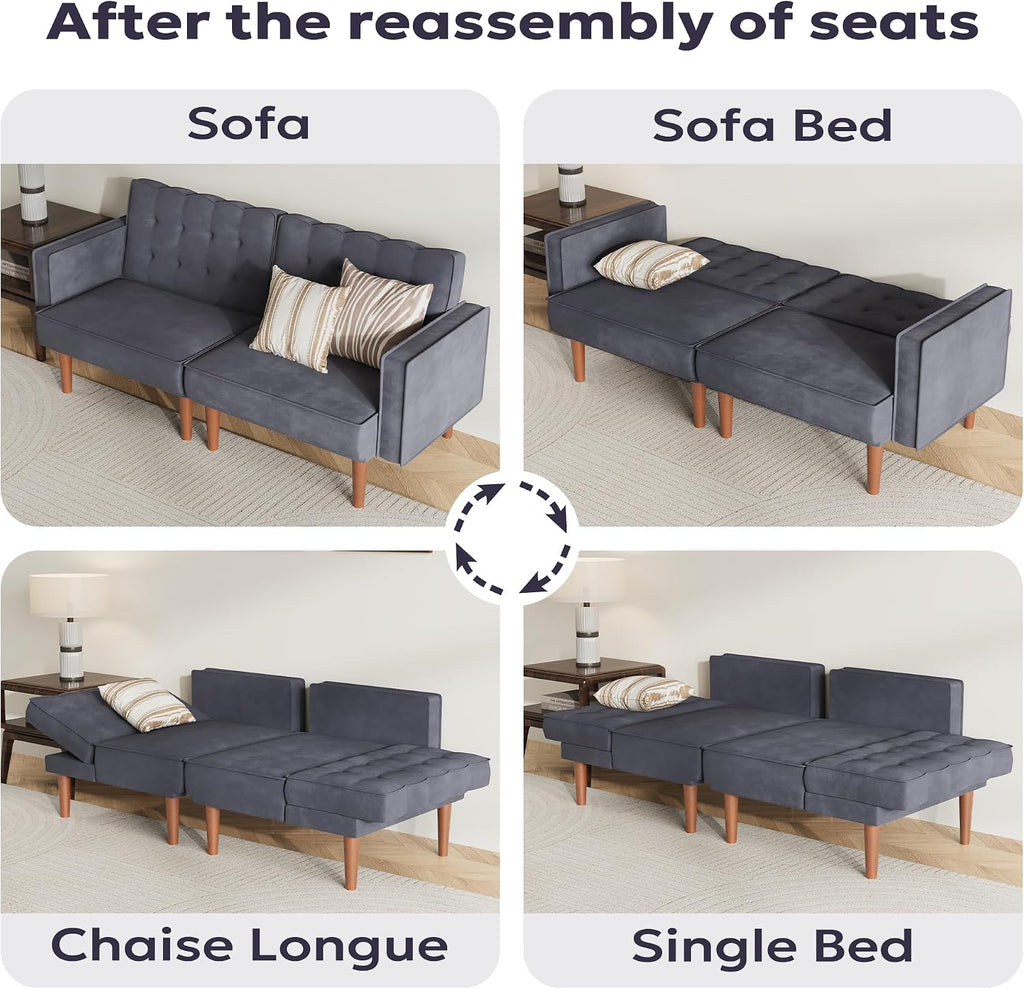 Furnify 71' Velvet Futon Sofa Bed, Versatile Loveseat Couch, Sleeper Sofa with Adjustable Backrest, Mid Century Modern Futon Couch for Small Space, Living Room, Office & Apartment, Velvet Fabric Grey