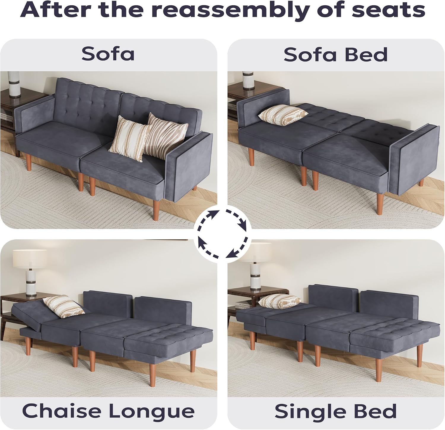 Furnify 71' Velvet Futon Sofa Bed, Versatile Loveseat Couch, Sleeper Sofa with Adjustable Backrest, Mid Century Modern Futon Couch for Small Space, Living Room, Office & Apartment, Velvet Fabric Grey