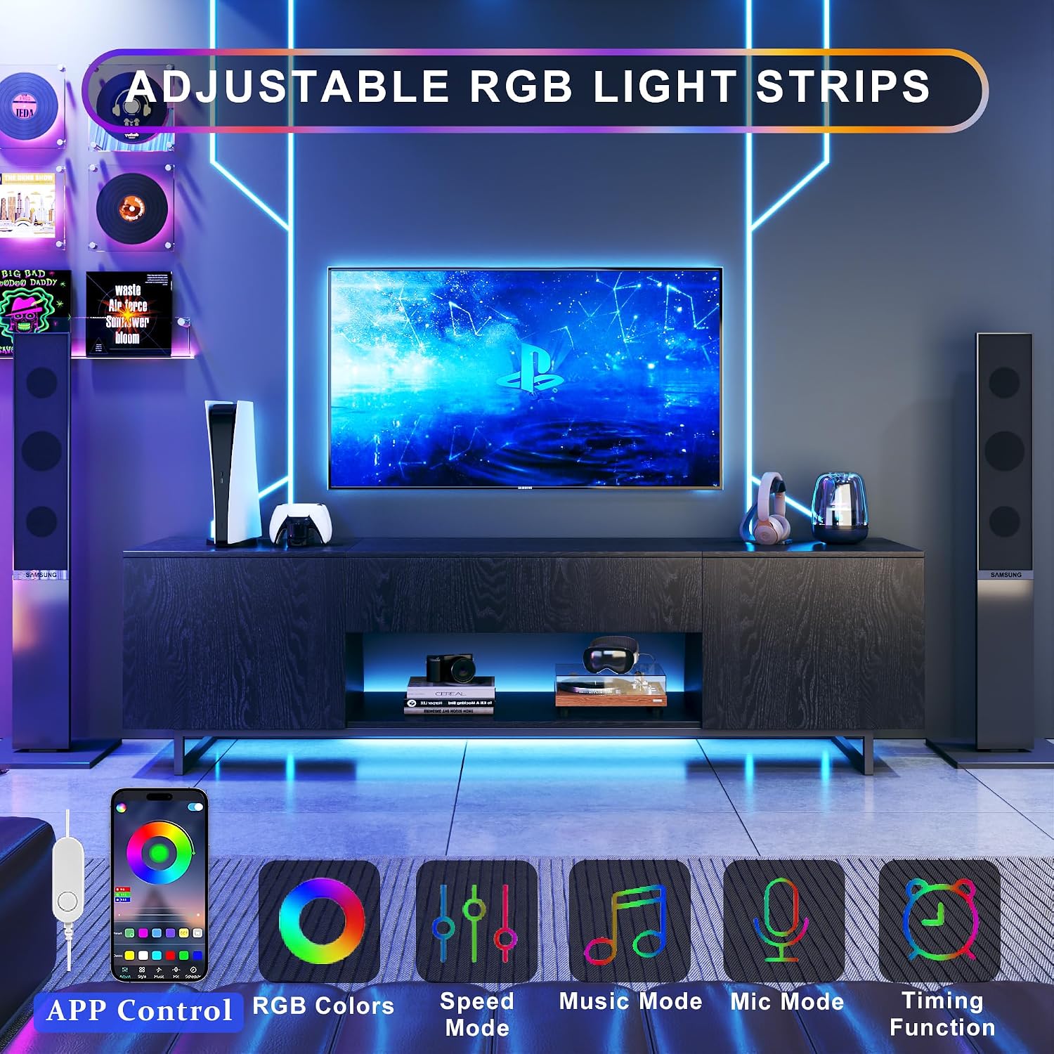 TV Stand for 75 inch TV, Entertainment Center with LED Light, Modern Wood TV Console with Texture Entertainment Stand with Highlight Storage Cabinet for TVs Up to 70-80' Black
