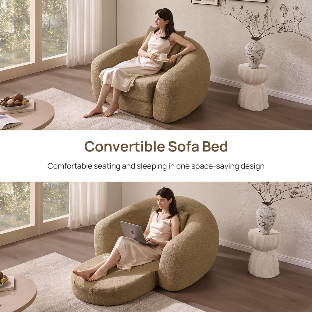 SICOTAS 49.9' Curved Convertible Sofa Couch Bed for Living Room Futon Cloud Boneless Sleeper Chair Pull Out Floor Couch with Deep Seat Single Sofa Foam Lounger No Assembly for Bedroom Apartment, Brown
