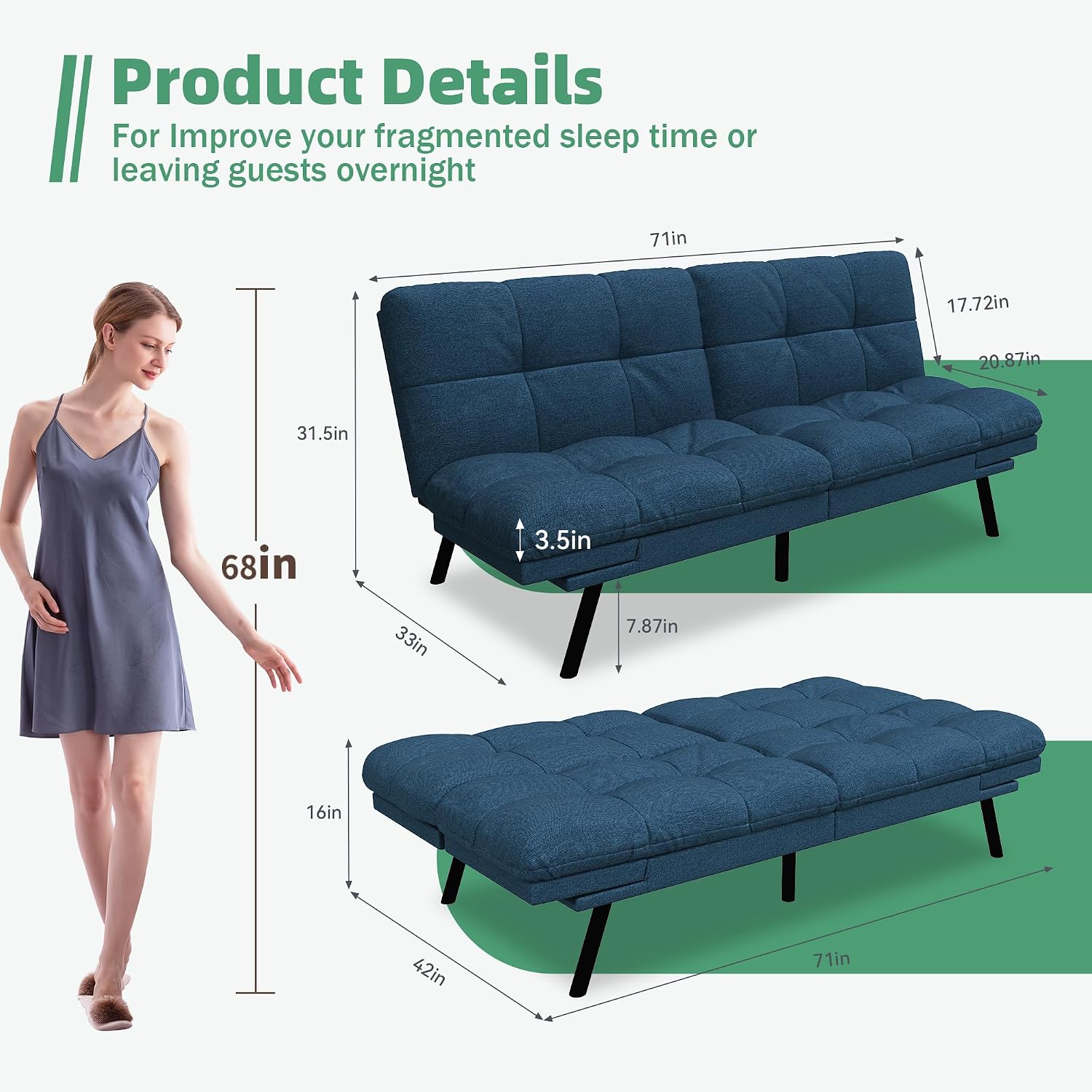 Opoiar Convertible Futon Sofa Bed,71' Memory Foam Futon Couch,Detachable Cushion,Adjustable Backrest & Armrest,Linen Modern Loveseat Sleeper Recliner for Living Room,Office,Apartment,Retro Blue