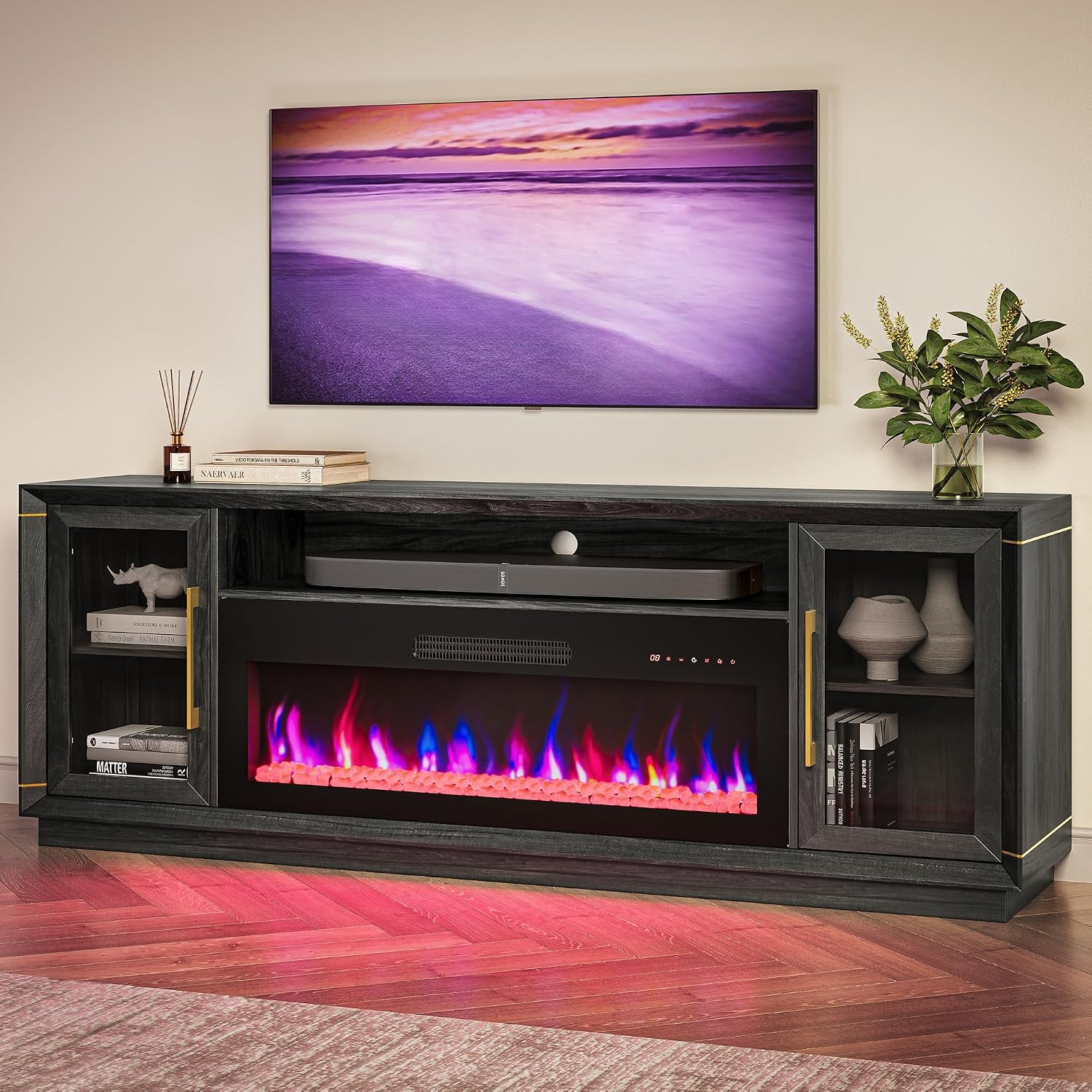 BELLEZE 74' Extra Large TV Stand for TVs Up to 85', Media Console Table with 42' Electric Fireplace Heater, Entertainment Center with Storage Cabinets for Living Room - Black Ebony
