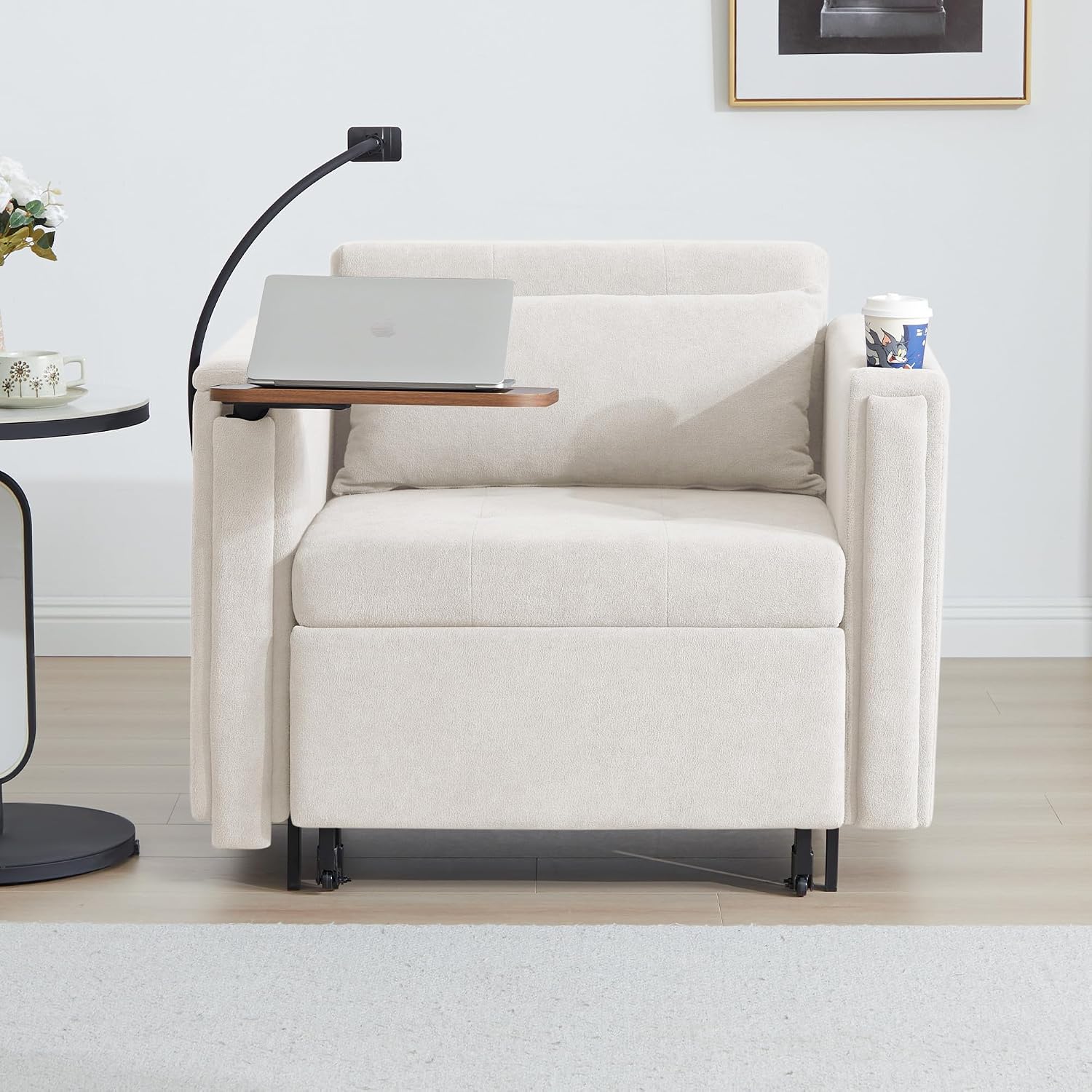 LEVNARY 3-in-1 Convertible Chair Pull Out Bed, Single Sofa Chair Sleeper for Adults with Hidden Side Table, Modern Chenille Fabric Armchair for Bedroom Dorm Home Office (Beige)