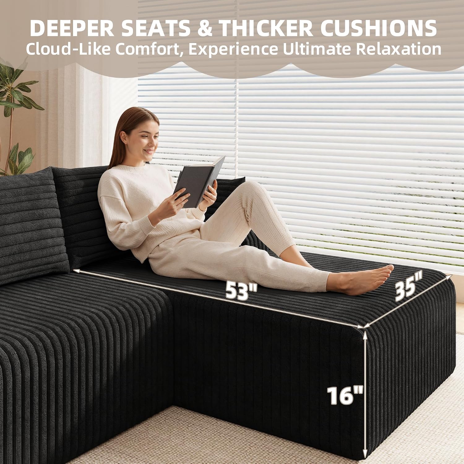 2026 New Boneless Couch, No Assembly Cloud Couch Sectional with Deep Seat & Chaise for Small Space, Upholstered Boneless Sectional Couch for Living Room, L Shaped Couch with Right Facing Chaise, Black