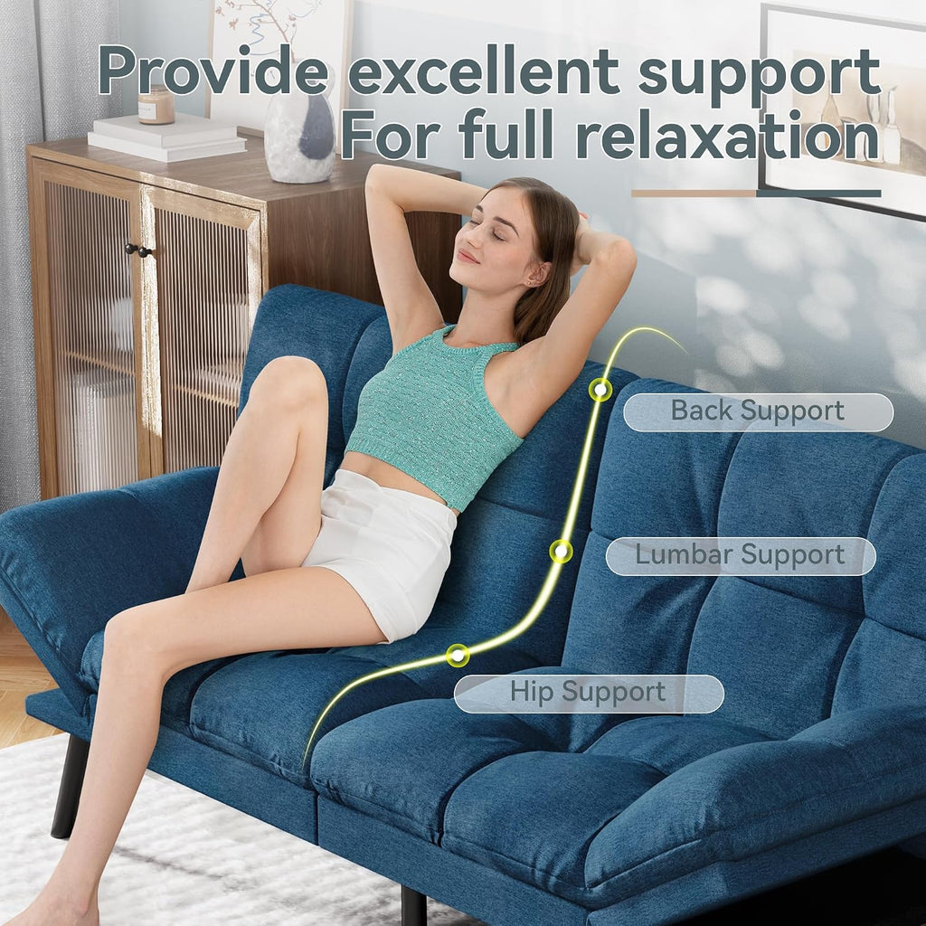 Vyfipt Convertible Futon Sofa Bed, Blue Linen Futon Couch with Adjustable Backrest & Armrests, Folding Small Recliner Sleeper Sofa Bed for Living Room, Apartment, Office