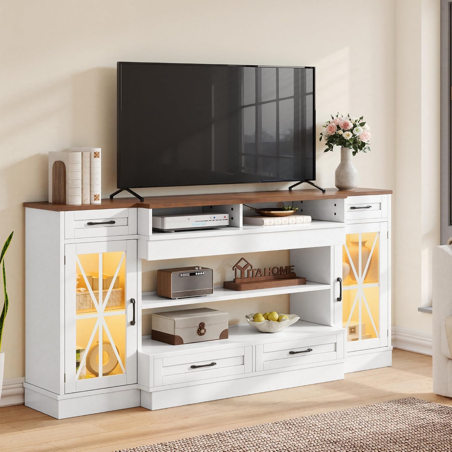 YITAHOME TV Stand for 75/80 Inch TV, Entertainment Center with LED Strip, TV Console Cabinet with Glass Door & Power Outlet for Living Room (White)