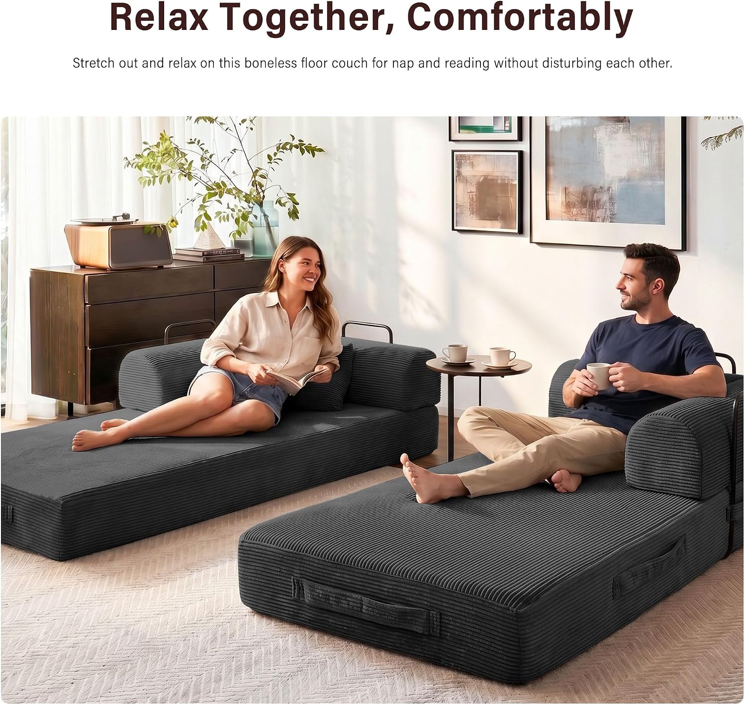 79' Convertible Sofa Bed, 5-in-1 Corduroy Boneless Couch Bed Sofa Pull Out, Memory Foam Couch, No Assembly Futon Couches for Living Room (Black)