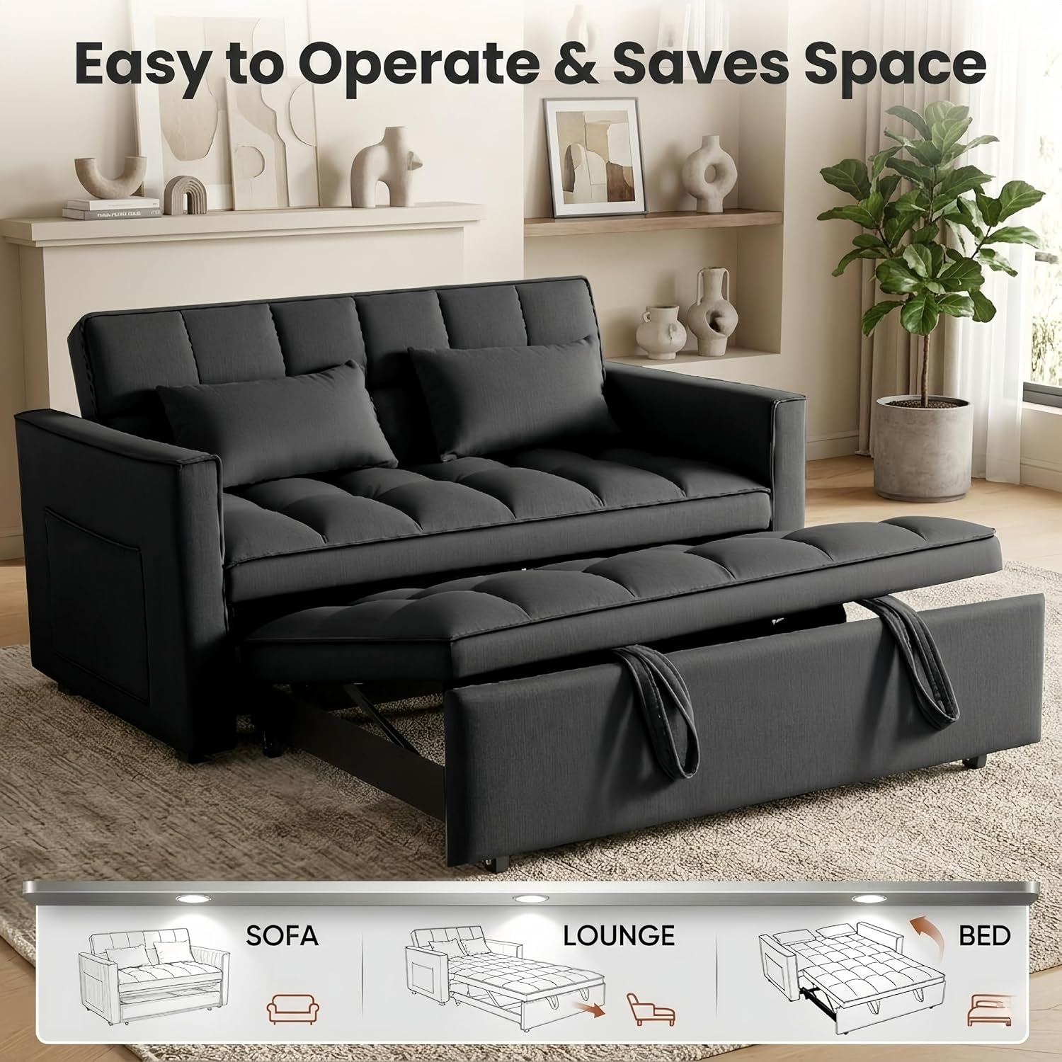 3 in 1 Convertible Sofa Bed, Love Seat Sleeper Bed with Side Pockets, Velvet Fabric Pull Out Couch with Adjustable Backrest for Living Room, Bedroom, Apartment, Black