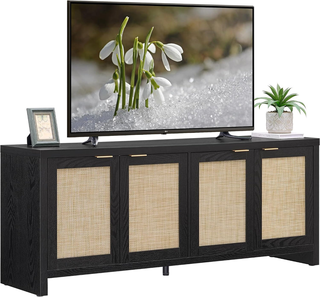 SICOTAS TV Stand for Living Room Boho Entertainment Center for Bedroom with 4 Rattan Cabinets Farmhouse Television Stands with Storage Large Media Console Table for TVs up to 65 Inch