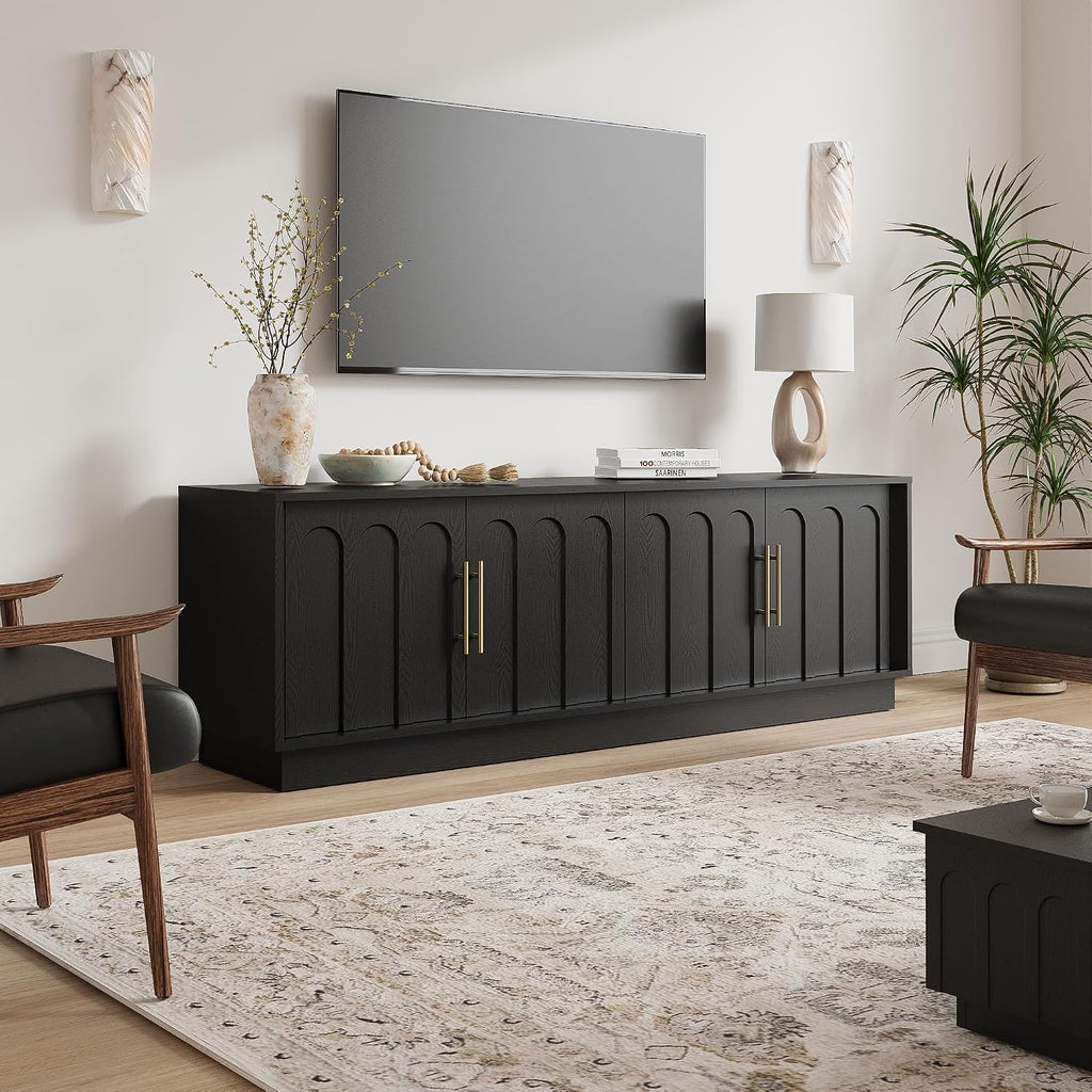 FORTUNETEC TV Stand for 75 Inch TV, 67' Entertainment Center with Arched Design, Minimalist Media Console with Adjustable Shelves, Modern TV Stand for Living Room Bedroom, Black