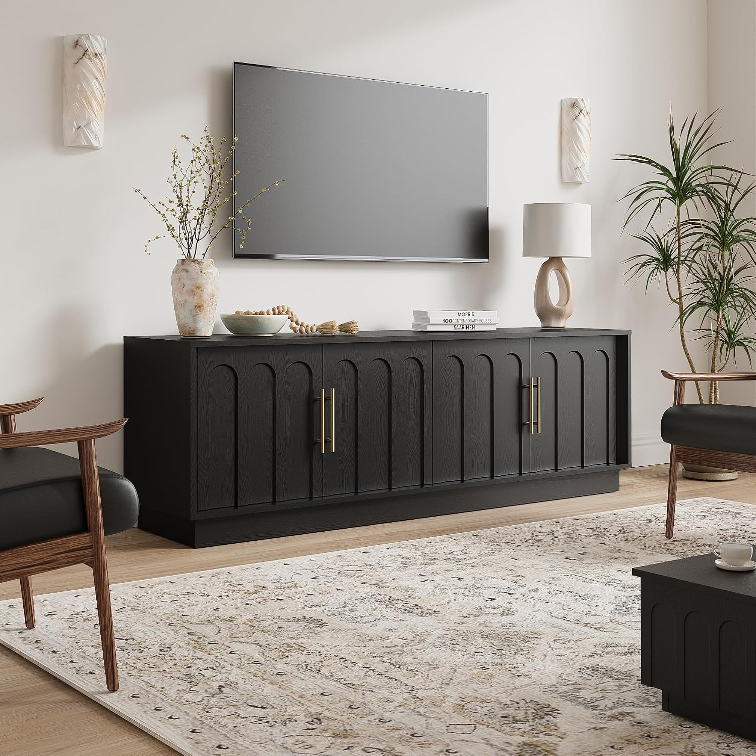 FORTUNETEC TV Stand for 75 Inch TV, 67' Entertainment Center with Arched Design, Minimalist Media Console with Adjustable Shelves, Modern TV Stand for Living Room Bedroom, Black