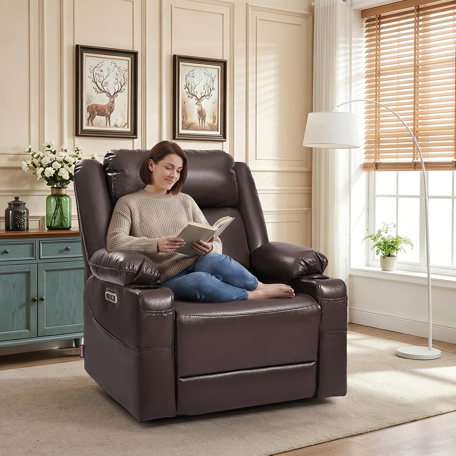 EONIX Wall Hugger Recliner for Small Space, Real Zero Clearance Power Recliner, Lazy Boy Recliner Chair with Cup Holders for RV, Living Room, Bedroom, SXXY011990, Chocolate Brown