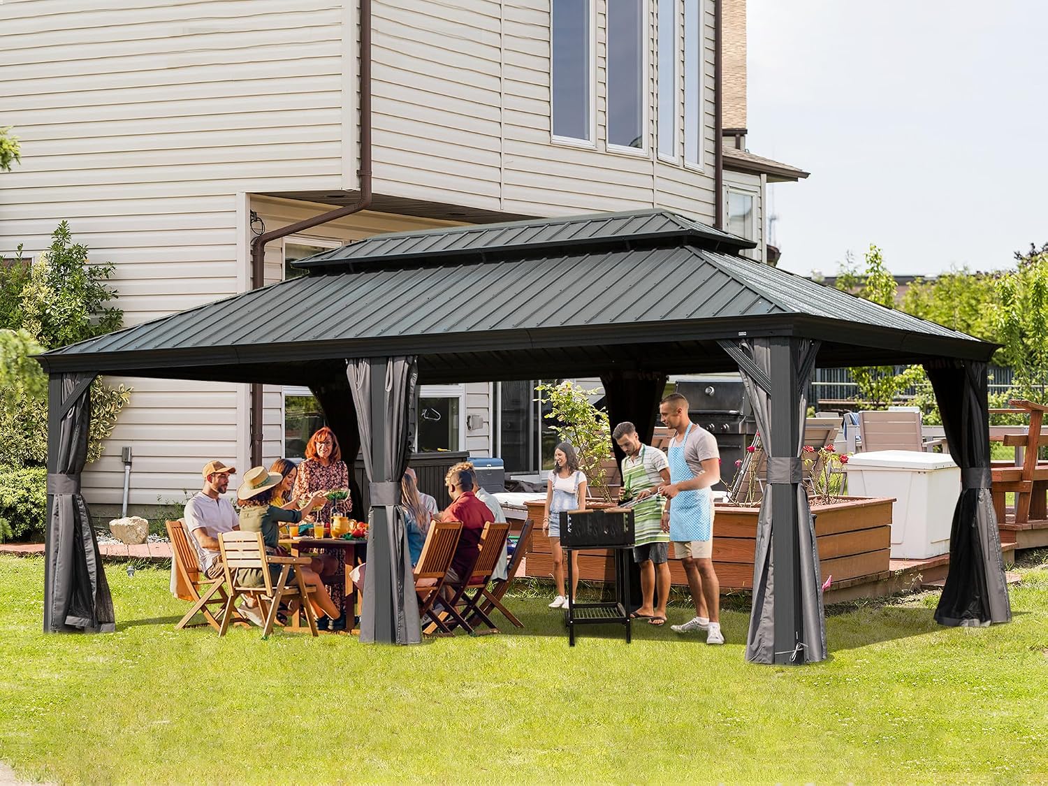 14x20 Hardtop Gazebo Outdoor: Galvanized Steel Double Roof Aluminum Frame - Removable Curtains Netting for Patio Deck Garden Backyard Gardening Enthusiasts