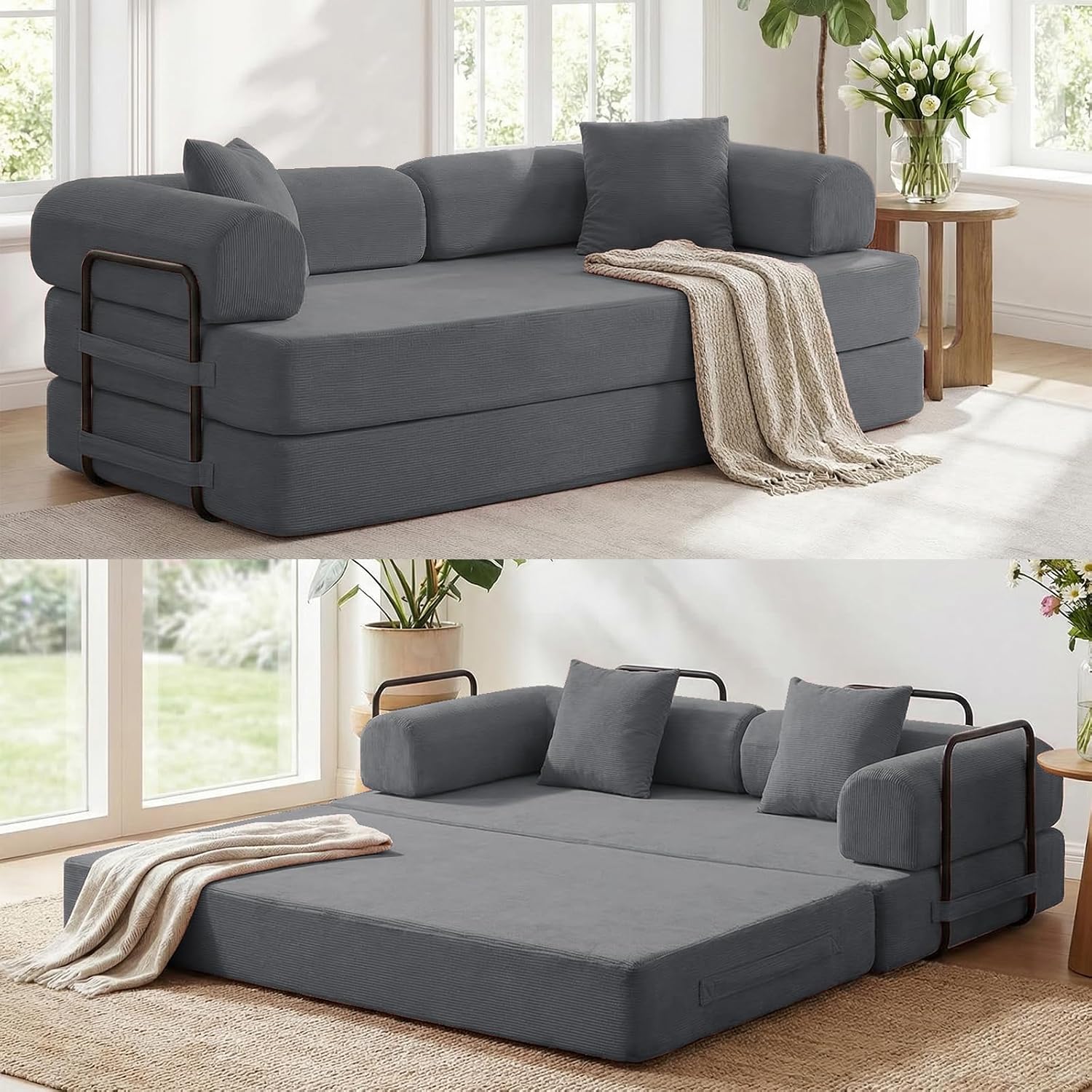 ijuicy 4-in-1 King Convertible Floor Sofa Bed w/ 2 Pillow,Modular Sleeper Sofa/Folding Futon Couch Bed w/Cylindrical Backrest and Fixed Frame,Lounge Couch,Corduroy Compression Sofas for Home-Dark Grey