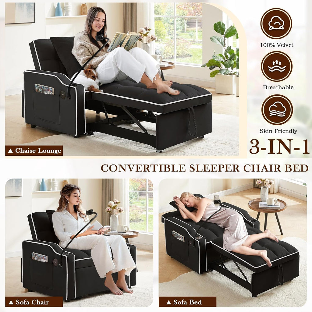 3-in-1 Convertible Sleeper Sofa Bed Chair with Cup Holders & Phone Holder, Futon Chair Bed with Pull Out Couch Adjustable Backrest, Modern Velvet Chaise Lounge for Living Room Bedroom (Black, 35.43')