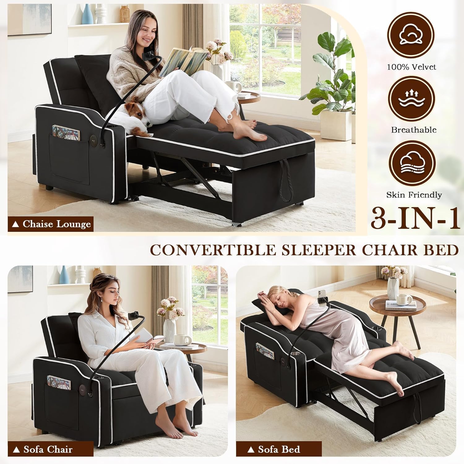 3-in-1 Convertible Sleeper Sofa Bed Chair with Cup Holders & Phone Holder, Futon Chair Bed with Pull Out Couch Adjustable Backrest, Modern Velvet Chaise Lounge for Living Room Bedroom (Black, 35.43')