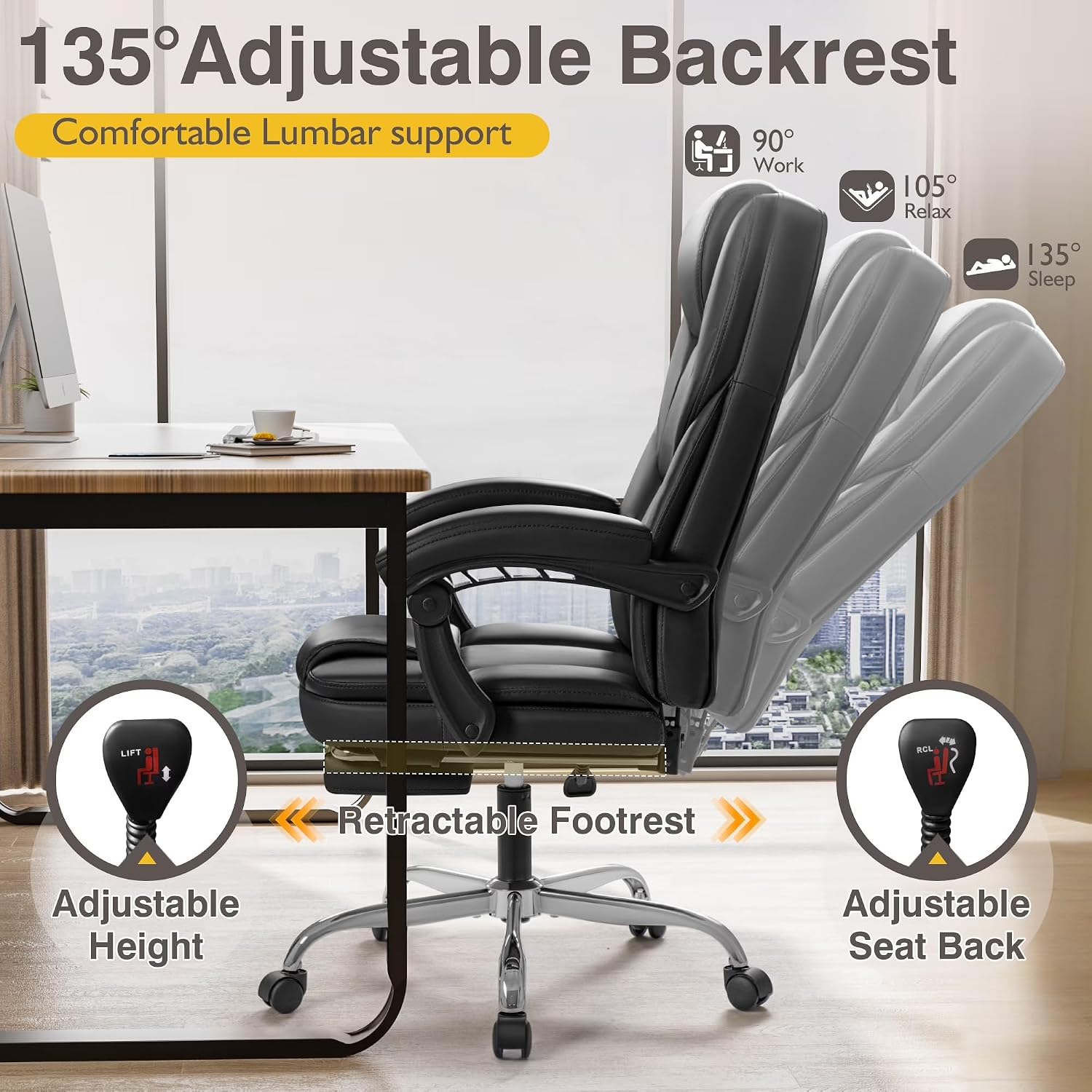 Shahoo Executive Office Chair with Massage, Ergonomic Reclining High Back Leather Seats with Footrest and Lumbar Support, Big and Tall, 400Lbs Heavy Duty, Dark Black