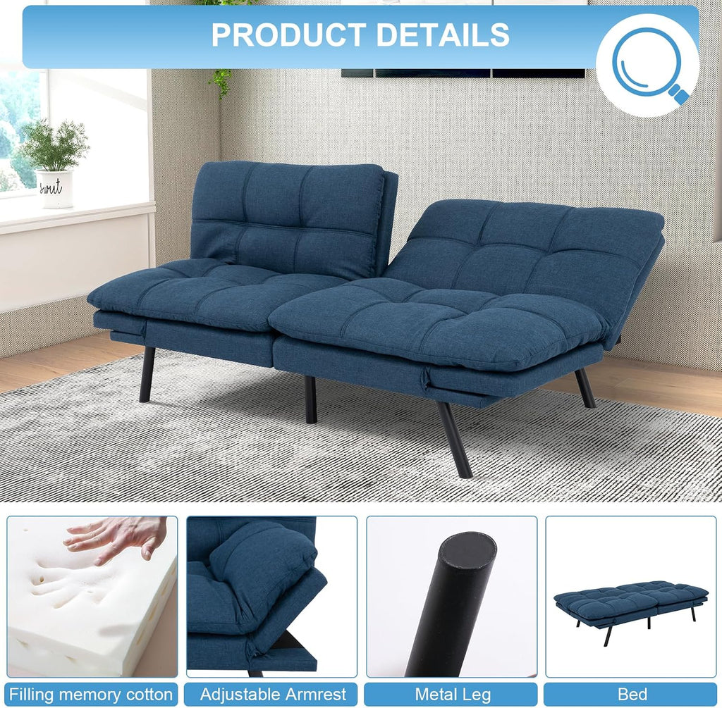 MUUEGM Futon Sofa Bed Couch Sofa, Memory Foam Futon Sleeper Sofa Loveseat Convertible Couch Bed for Small Compact Spaces, Apartment, Blue.