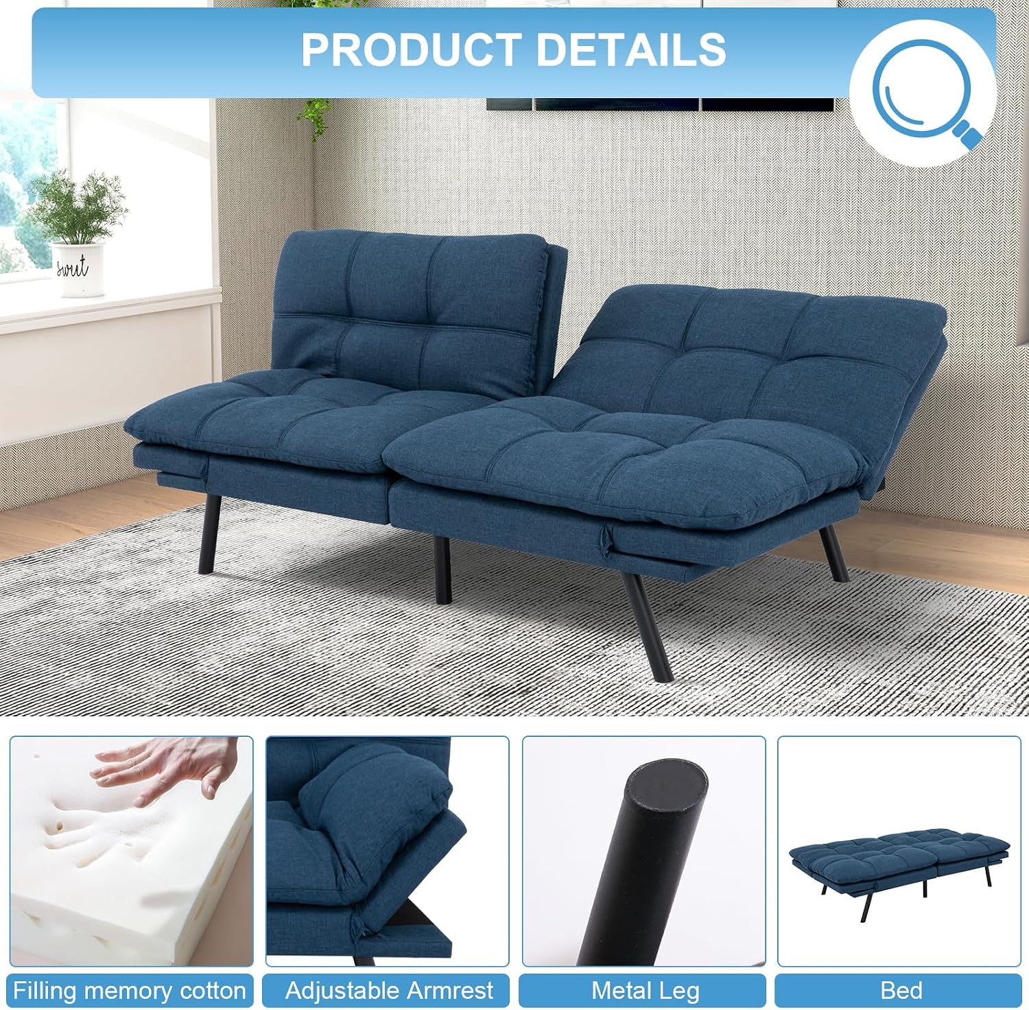 MUUEGM Futon Sofa Bed Couch Sofa, Memory Foam Futon Sleeper Sofa Loveseat Convertible Couch Bed for Small Compact Spaces, Apartment, Blue.