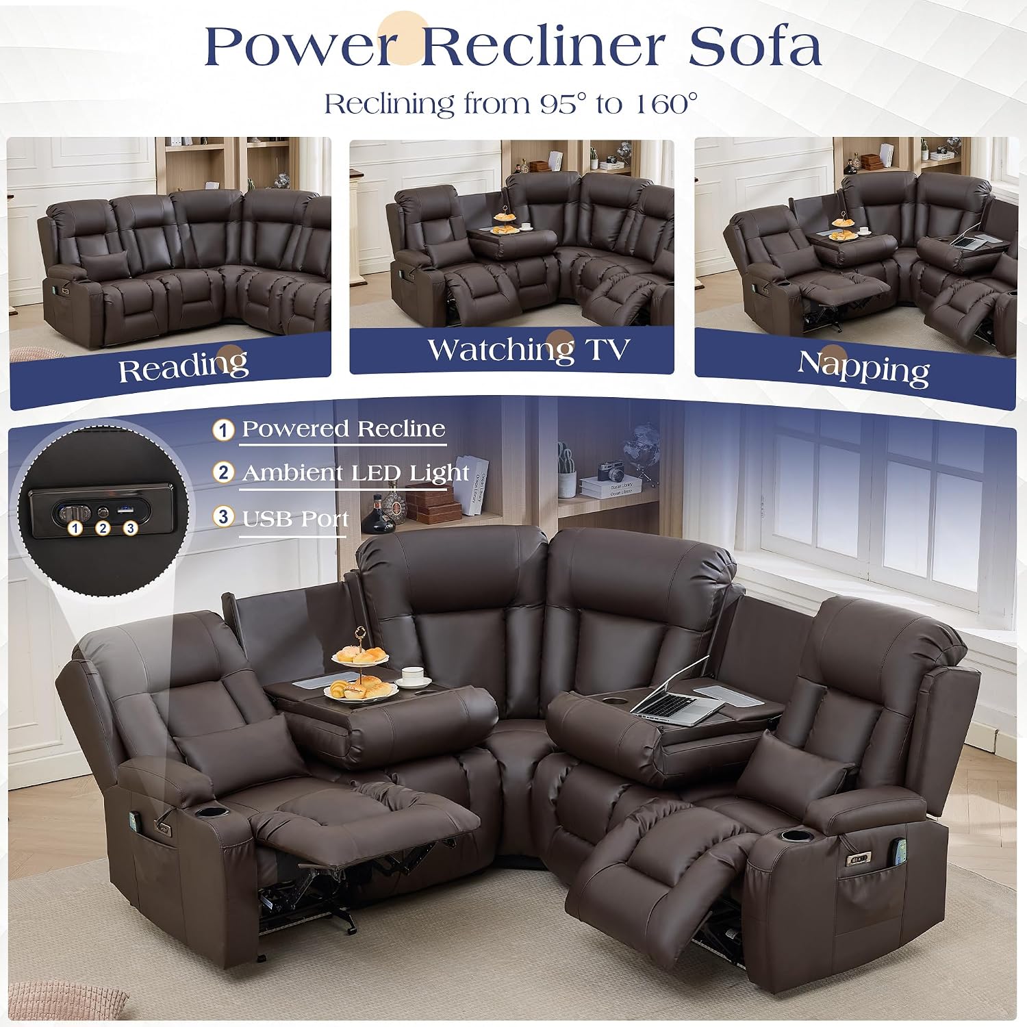 TUNYI Power Loveseat Recliner Sofa with Massage & Heat Home Theater Seating with Console RV Recliner Loveseat Sofa with USB/Storage/Side Pocket/LED Light/Speaker (Light Brown, 4 Seat with Corner)
