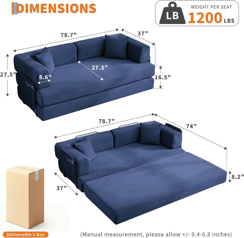 Garvee 5-in-1 Convertible Sofa Bed, 78.8' Modular Corduroy Sleeper with Sturdy Frame & No Assembly, Multi-Functional Futon for Small Space, Living Room & Guest Room (Blue)