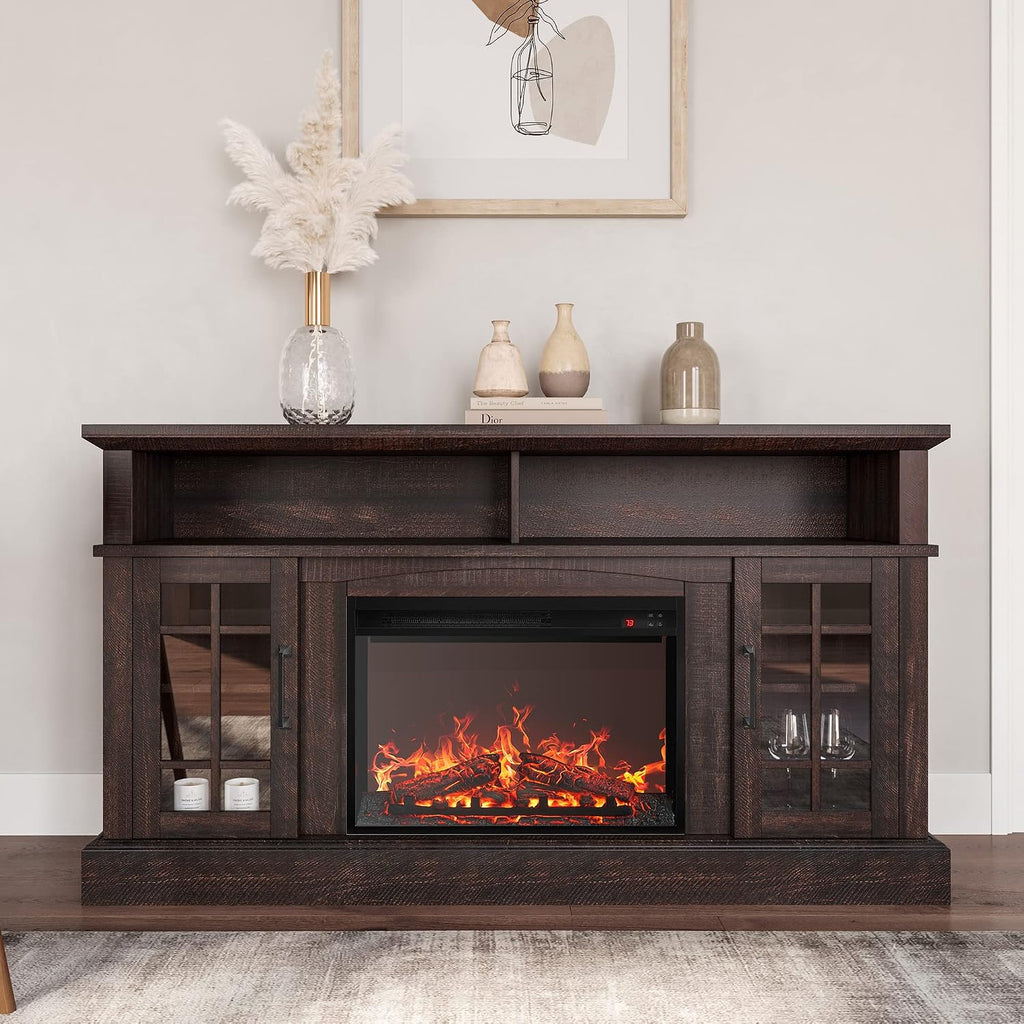 BELLEZE Traditional 58' Rustic TV Stand with 23' Electric Fireplace Heater with Sound, Media Entertainment Center Console Table for TV up to 65' with Open Storage Shelves and Cabinets - Espresso