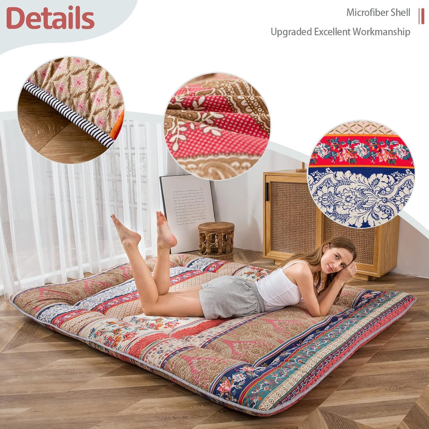 MAXYOYO Bohemian Retro Floor Mattress Vintage Floral Japanese Futon Mattress Roll Up Thicken Sleeping Mat Portable Camping Mattress Floor Lounger Couch Mattress Pad, Full Size