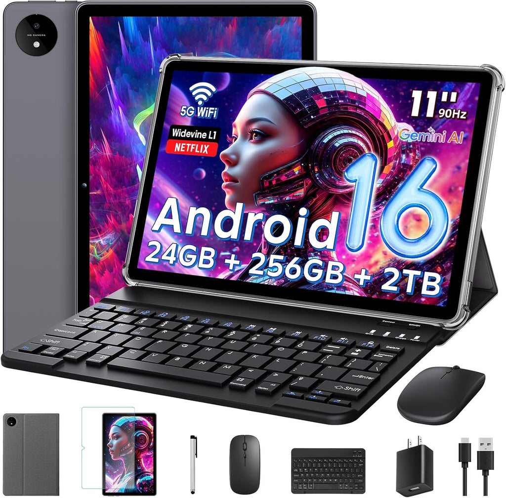 Android 16 Tablet 11 Inch with Gemini AI, T7250 Octa-Core, 24GB RAM + 256GB ROM /2TB TF, 16MP+8MP, 1920x1200 IPS HD Display, 8000mAh, Widevine L1, GPS, 2 in 1 Tablets with Keyboard Mouse Stylus