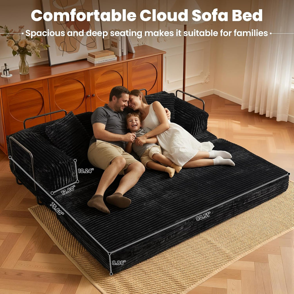 ovios 81' Folding Sofa Bed, Foldable Sleeper Boneless Couch with Pull Out Beds, Modular Convertible Floor Futon Loveseat Lounger for Living Room (Faux Fur, Black)