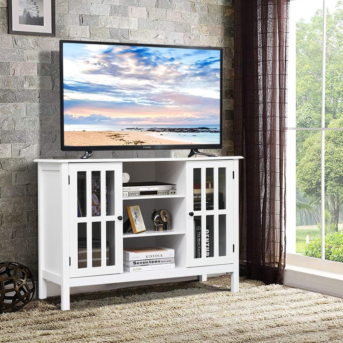 Tangkula White TV Stand, Modern Tall Entertainment Center for TVs up to 50', Media Console w/2 Storage Cabinets & 3 Open Shelves, Wire Hole, Wood TV Console Table for Living Room, White