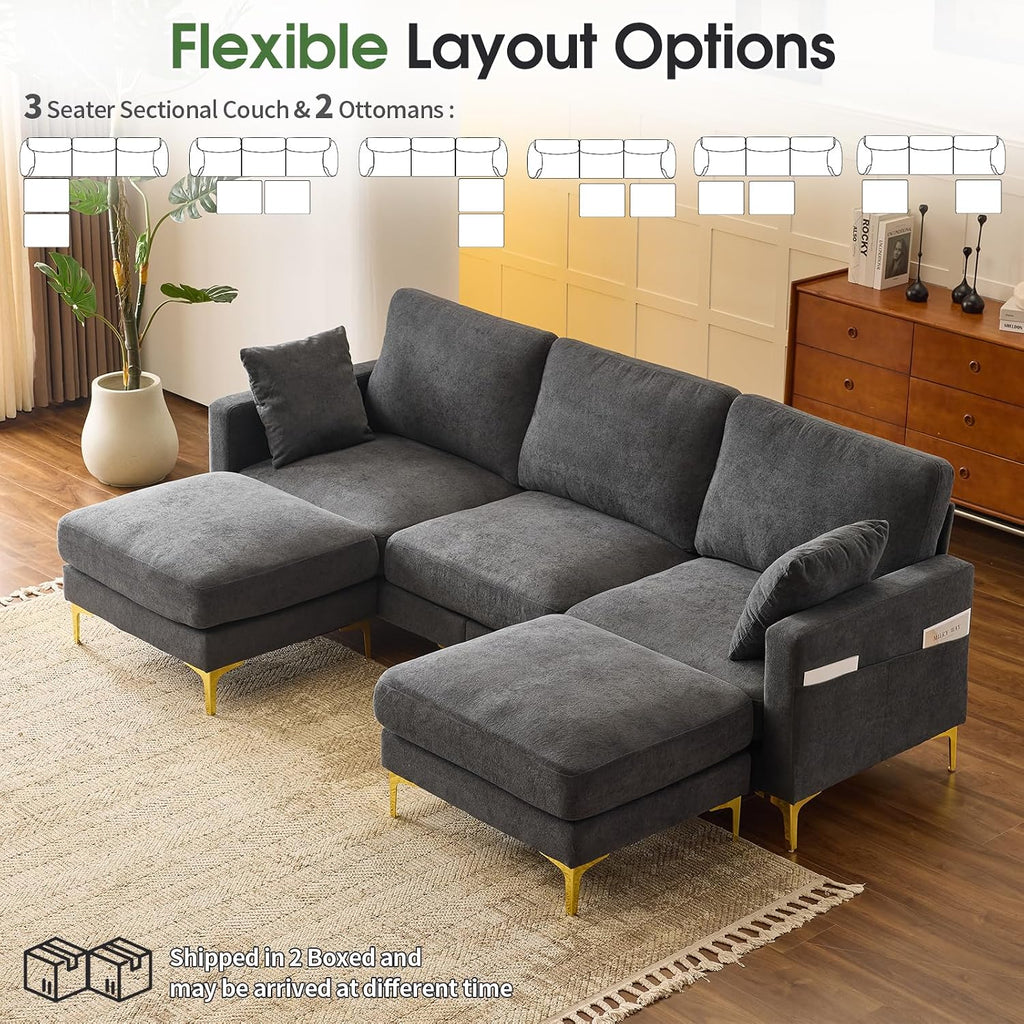 VINGLI 100' W U Shaped Couch with Ottoman, 22' Deep Seat Comfortable Sectional Couches for Living Room, 3 Seater Chenille Fabric Cloud Sofa for Apartment, Small Spaces, Bedroom, Grey