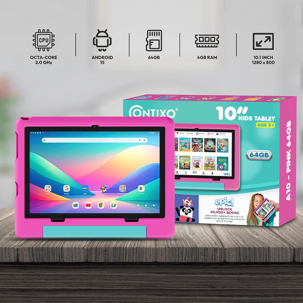 Contixo A10 Kids Tablet with 14 Apps, Lingokids & Epic, 10.1' HD Screen, Android 15, Parental Controls, WiFi, 4+64GB Storage, al Tablet for Kids Ages 3-12, Boys & Girls Gift, Pink