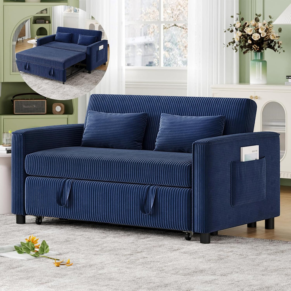 55.51' Sleeper Sofa Bed,Pull Out Couch with Side Pockets,3 in 1 Corduroy Fabric Loveseat Sleeper Sofa ,Pull Out Sofa Bed with Adjustable Backrest for Living Room, Bedroom, Apartment,（Navy Blue）
