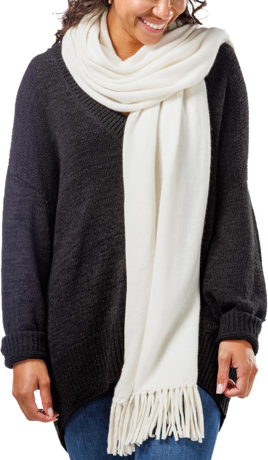 Fishers Finery Women's 100% Cashmere Knit Shawl Wrap with Fringe | Oversized 78' long by 28' wide