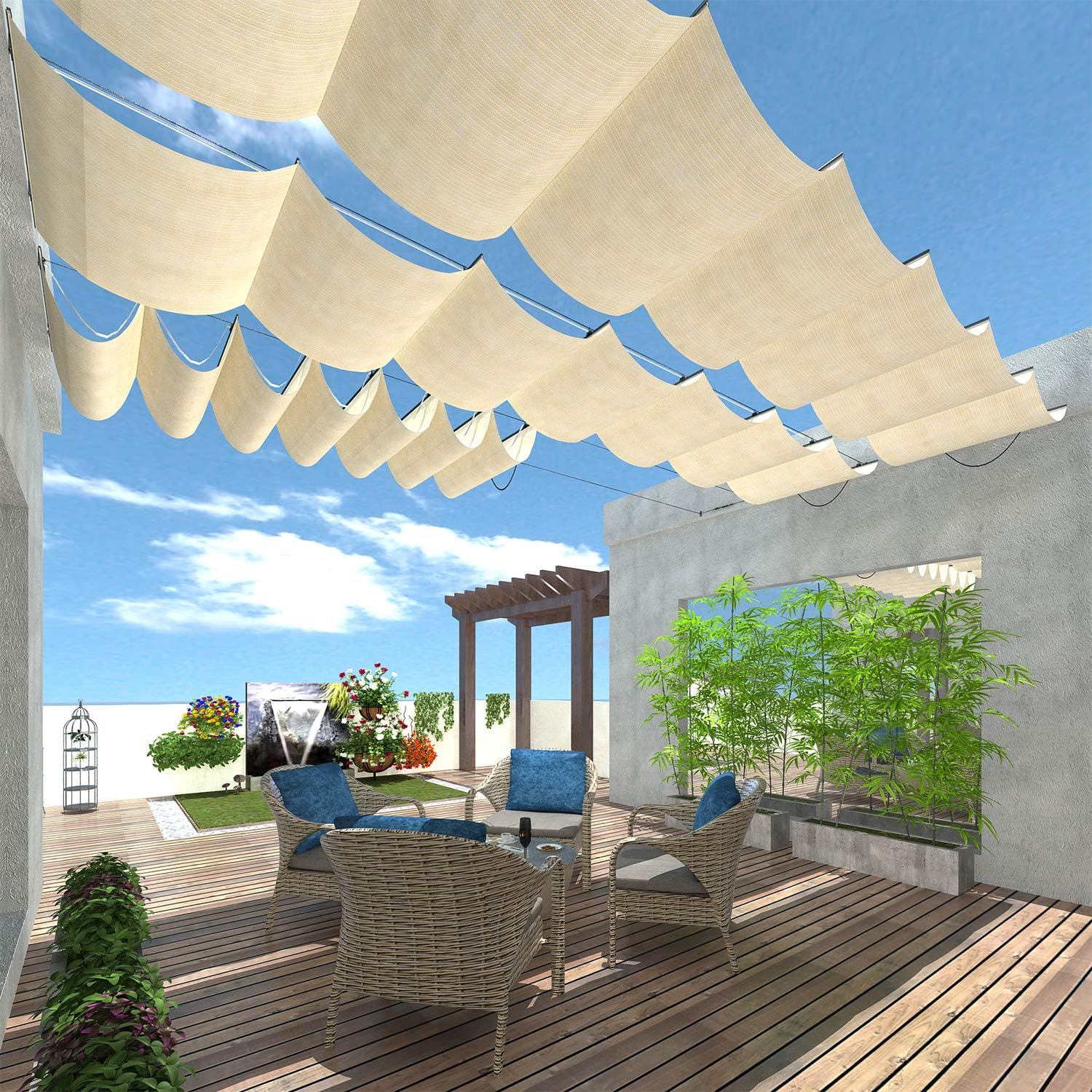 TANG 7' x 14' Pergola Cover Shade Canopy, Retractable Awning Sun Shades Outdoor Patio Pergolas Kit for Deck Backyard Gazebo, Wave Shade Sail with Hardware Wire Cable, Beige