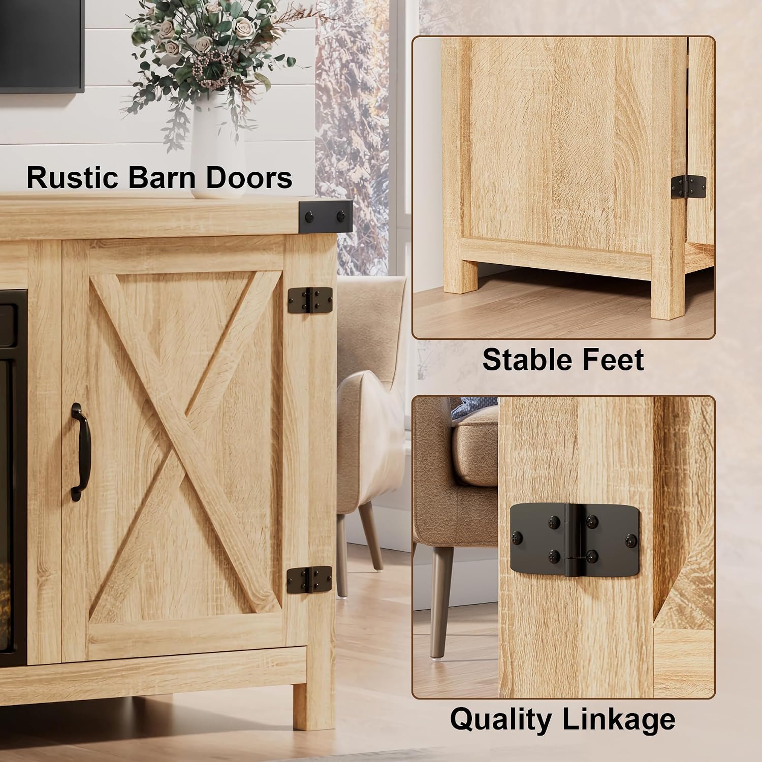 Furmax Fireplace TV Stand for Up to 65 Inches TVs, Farmhouse Entertainment Center with Grooved Barn Doors, Rustic Media Console Table with Storage Cabinets for Living Room (Natural Oak)