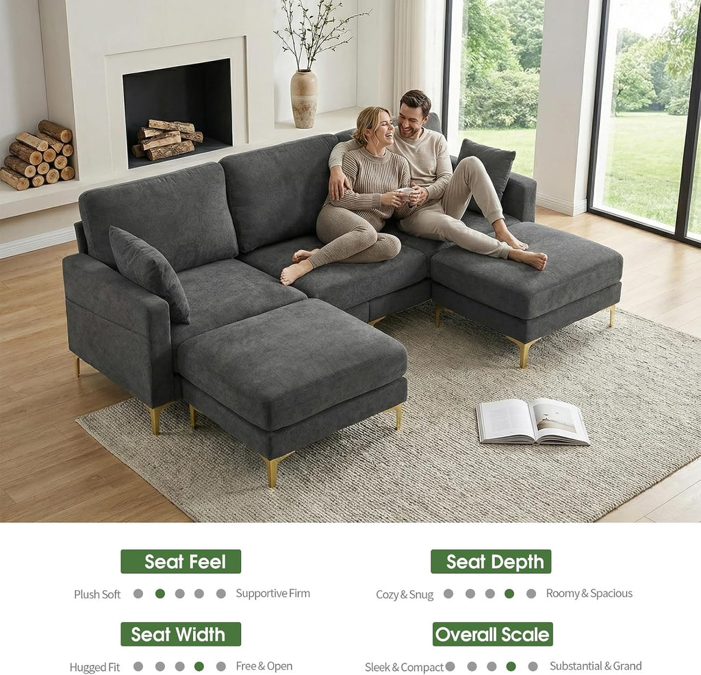 VINGLI 100' W U Shaped Couch with Ottoman, 22' Deep Seat Comfortable Sectional Couches for Living Room, 3 Seater Chenille Fabric Cloud Sofa for Apartment, Small Spaces, Bedroom, Grey