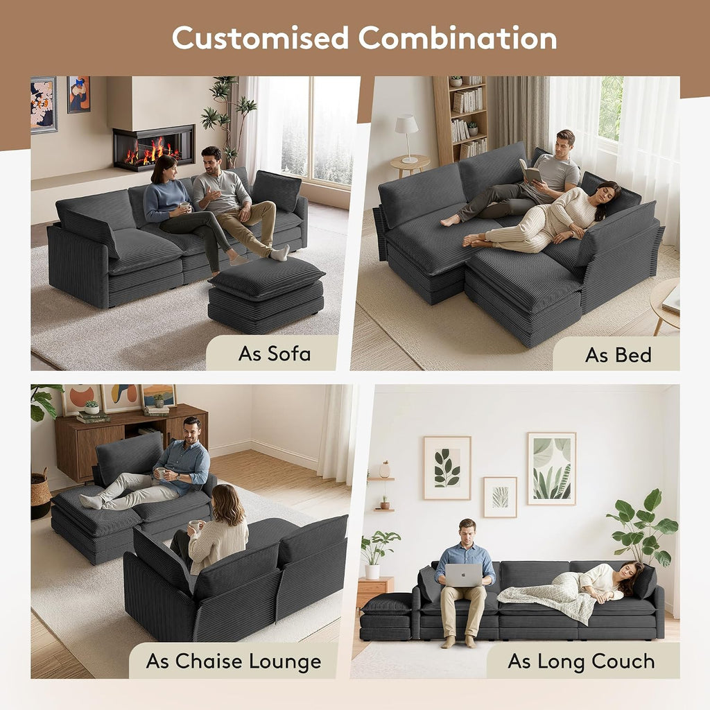 ROWHY 104'' Modular Sectional Cloud Couch with Movable Ottoman, 4 Seat Modern Corduroy Sofa, Deep Seat L Shaped Couch for Living Room Bedroom Apartment, Dark Grey