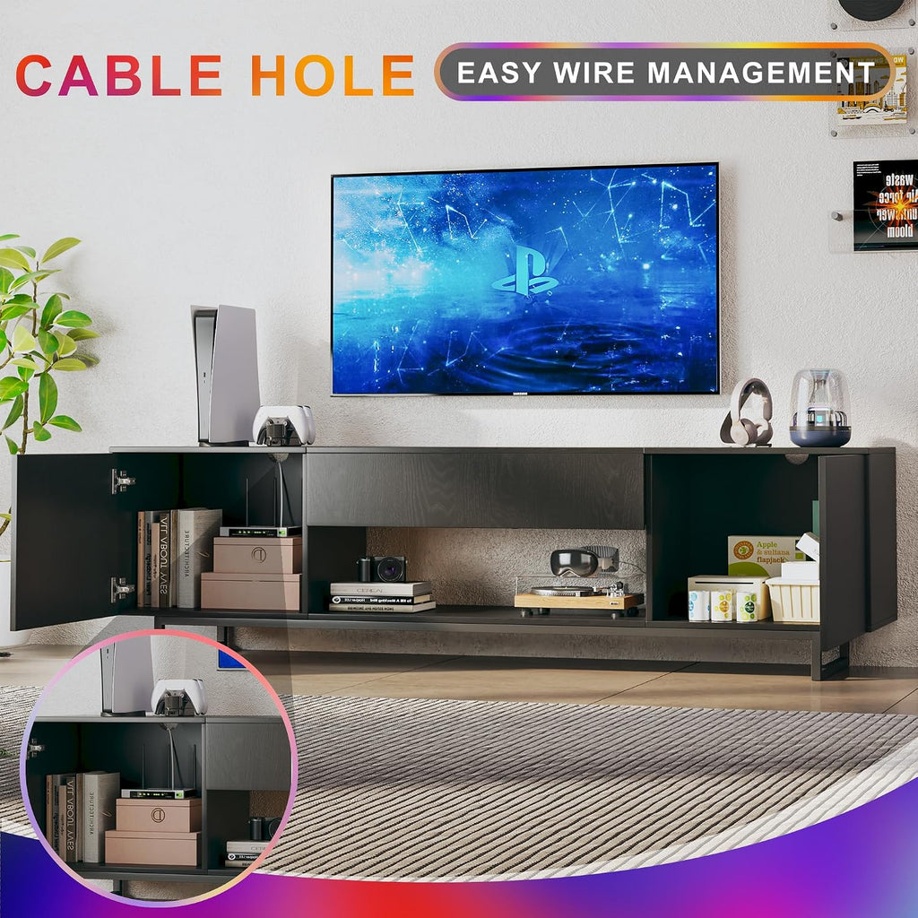 TV Stand for 75 inch TV, Entertainment Center with LED Light, Modern Wood TV Console with Texture Entertainment Stand with Highlight Storage Cabinet for TVs Up to 70-80' Black
