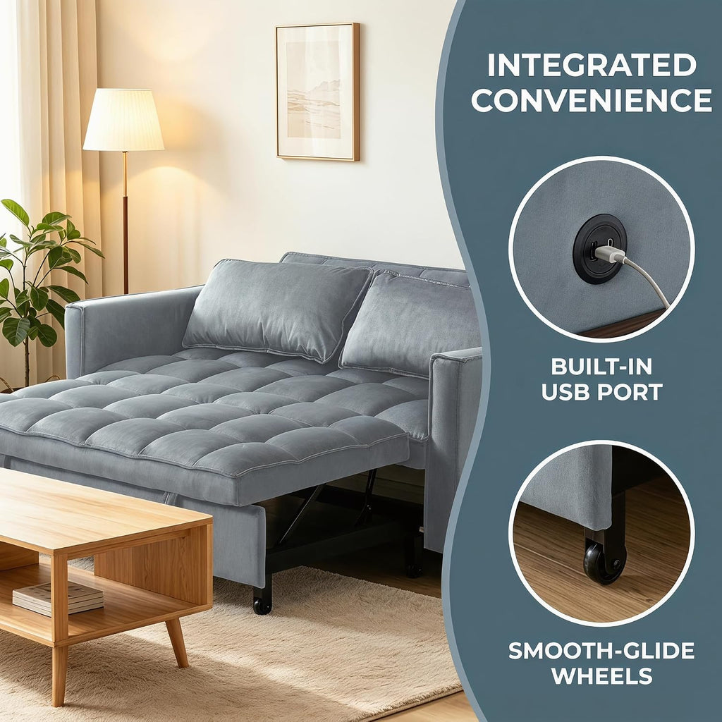 4 in 1 Convertible Sofa Bed, Pull Out Couch with Adjustable Backrest, Loveseat Sleeper Sofa Bed with USB Ports and Side Table, Couch Beds for Living Room, Bedroom, Apartment, Gray
